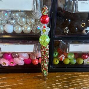 Festive Beaded Pen with Grinch Charm